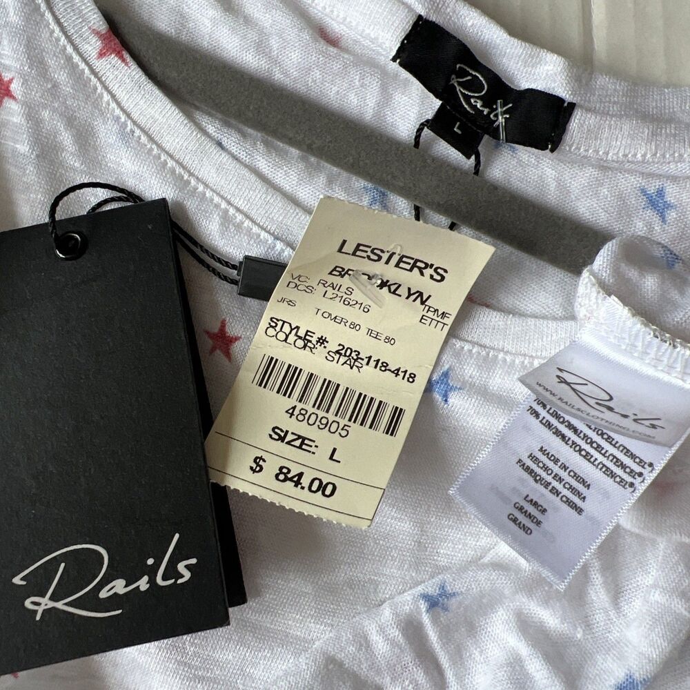 Rails Sz L Stars White Linen Blend Shirt Short Sleeve V Neck NWT - Picture 6 of 6